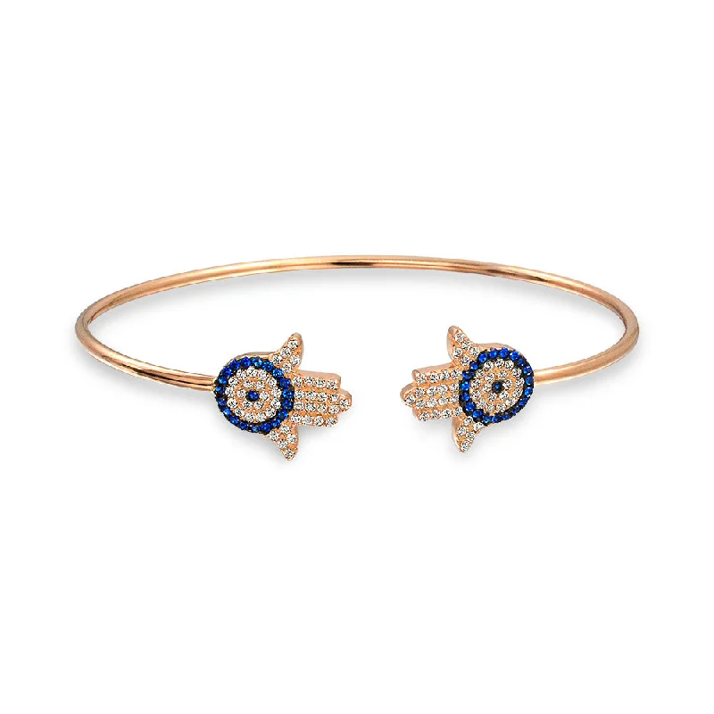 Ladies bracelets mid-century modern looks-CZ Pave Hamsa Hand Evil Eye Bangle Bracelet, Rose Gold Plated Sterling Silver