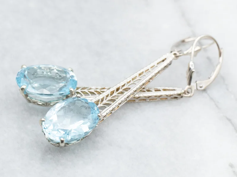 Ladies earrings heavy statement pieces-Blue Topaz Filigree Drop Earrings