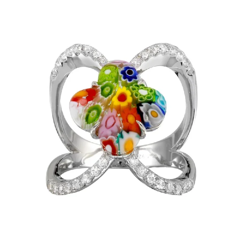 Ladies rings limited run designs-Rhodium Plated 925 Sterling Silver Open Shank Flower Shape Murano Glass CZ Ring - MR00013