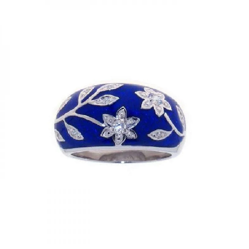 Ladies rings cute playful accents-Silver 925 Rhodium Plated Blue Enamel CZ Flower Ring - STR00607