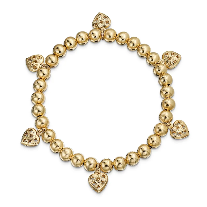 Ladies bracelets rococo elegance bracelets-Multi Heart Dangle Charms Stretch Bracelet 18K Gold Plated Brass 6.5-7.5 Inch