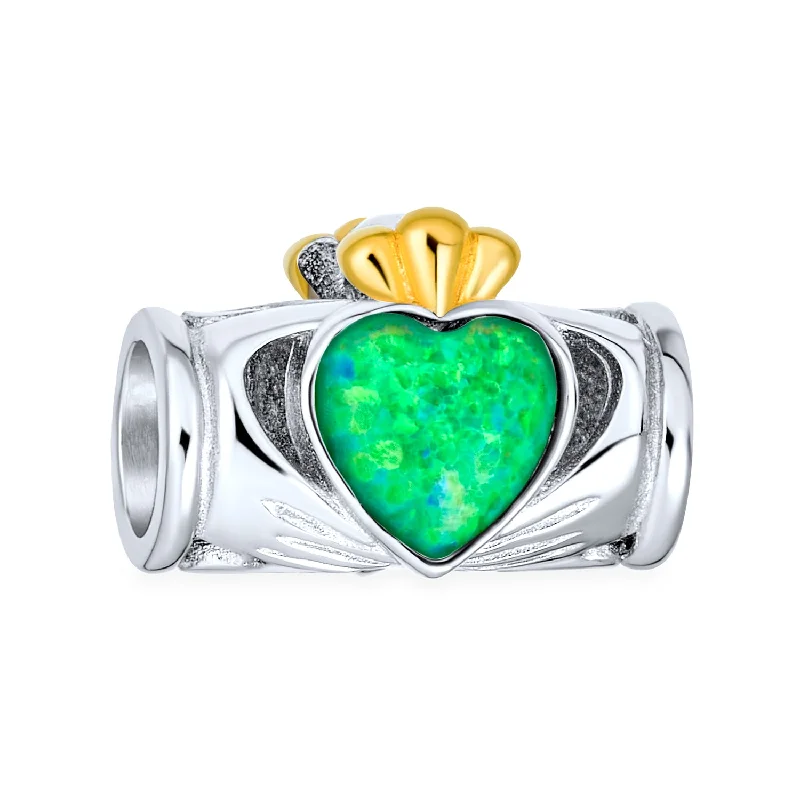 Ladies bracelets sparkle detail designs-Green Opal Heart Crown Claddagh Charm Bead Two-Tone Silver for European Bracelet