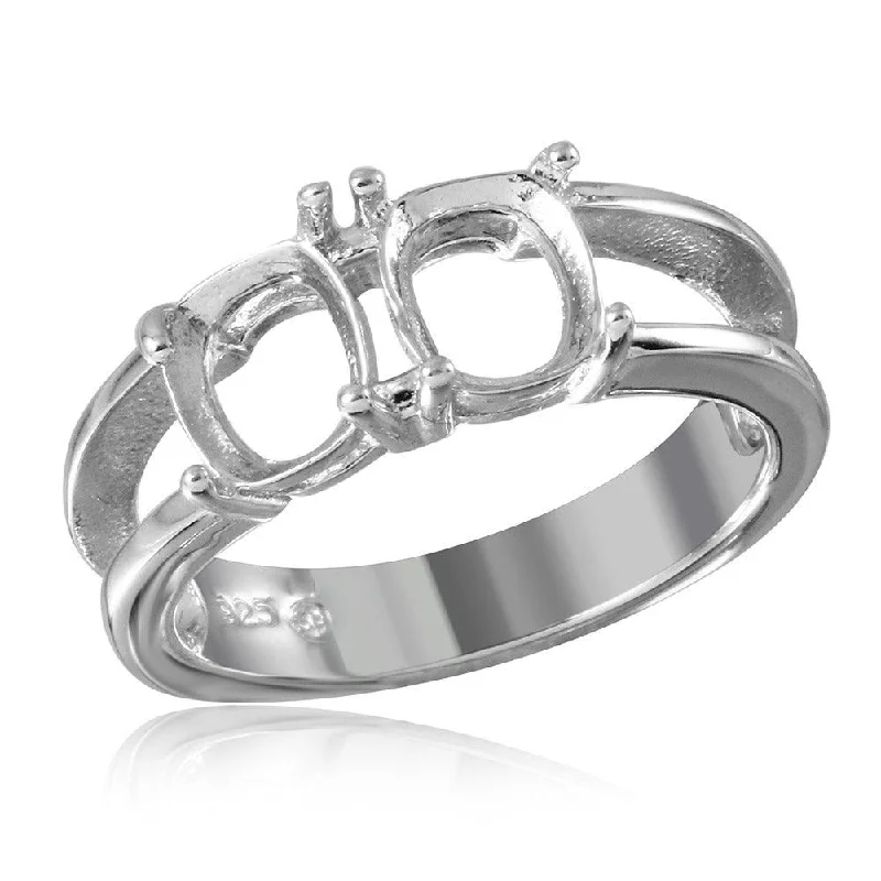 Ladies rings famous designer labels-Silver 925 Rhodium Plated Open Shank 2 Stones Mounting Ring - BGR01196