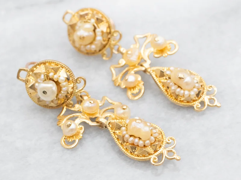 Ladies earrings red diamond styles-Antique Natural Pearl and Gold Filigree Drop Earrings