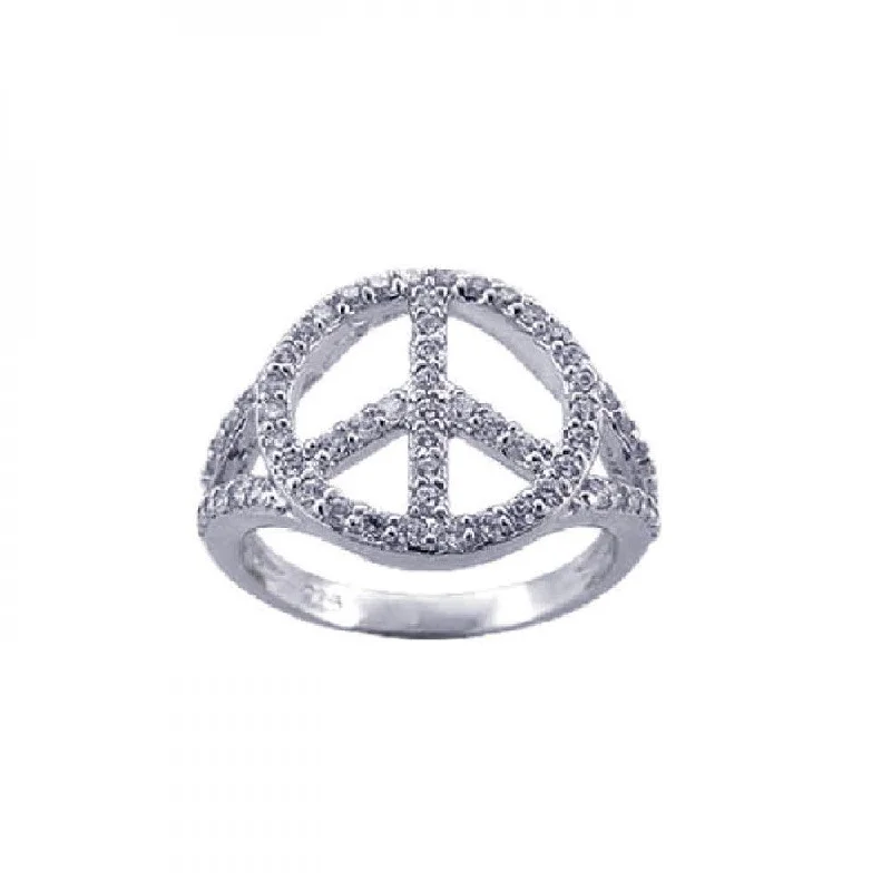 Ladies rings bold weight designs-Silver 925 Rhodium Plated CZ Peace Sign Ring - STR00595