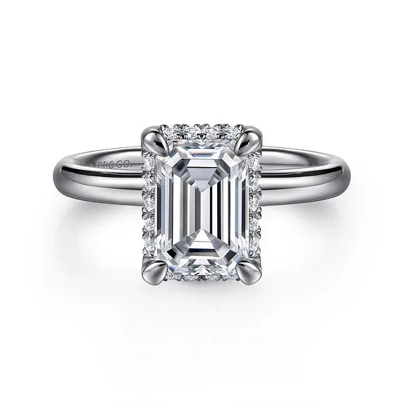 Ladies engagement rings classic looks-Symphony - 14K White Gold Emerald Cut Hidden Halo Diamond Engagement Ring (Setting Only)