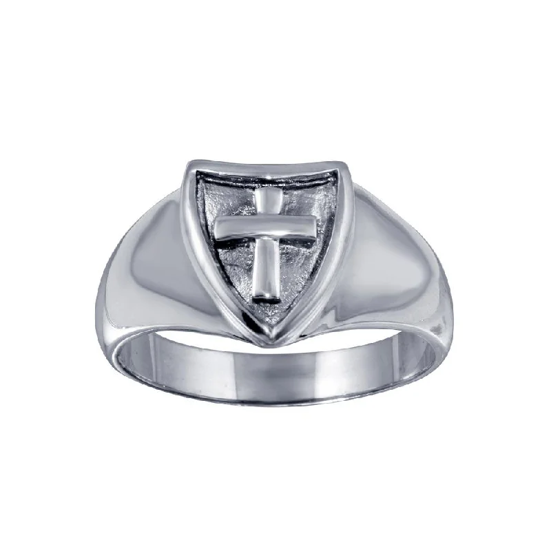 Ladies rings famous designer labels-925 Sterling Silver Cross Shield Ring - CR00819