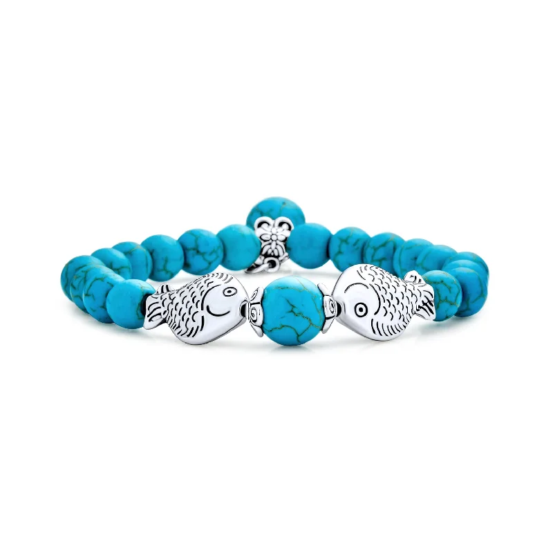 Ladies bracelets festive season styles-Nautical Blue Turquoise Pisces Charm Stretch Bracelet with Silver Plated Beads