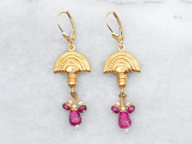 Ladies earrings textured drop designs-Yellow Gold Drop Earrings with Ruby and Seed Pearl Accents