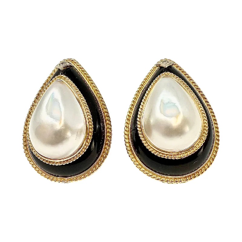 Ladies earrings pastel tone styles-14K Gold Teardrop Shaped Earrings with Onyx, Mabe Pearl and Diamond