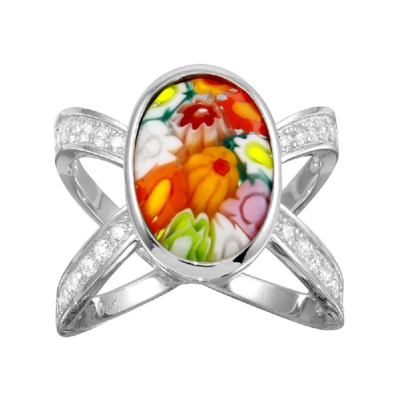 Ladies rings surrealist style designs-Rhodium Plated 925 Sterling Silver Open Shank Oval Shape Murano Glass CZ Ring - MR00006