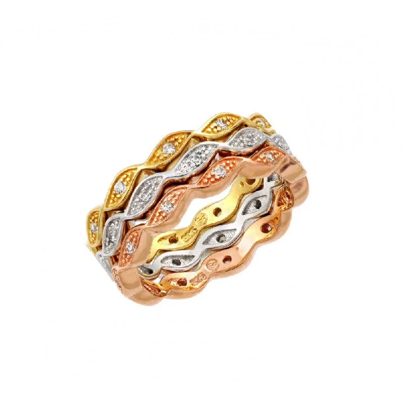 Ladies rings group custom styles-Silver 925 Rhodium Rose Gold and Gold Plated 3 Tone Stackable Eternity Ring Set - BGR00920