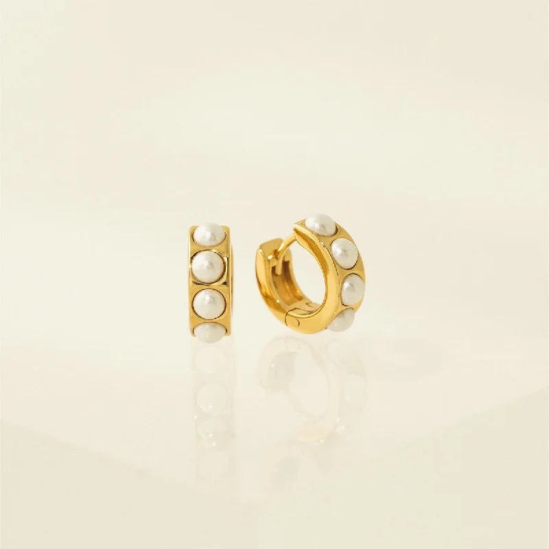 Ladies earrings sculptural shape earrings-Gold Pearl Chunky Huggie Hoop Earrings