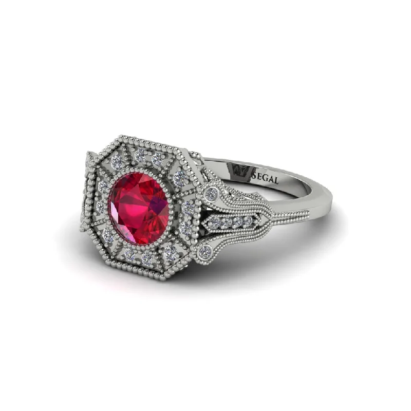 Ladies engagement rings pave halo styles-Ruby 14K Gold Art Deco Engagement Ring - Erin No. 12