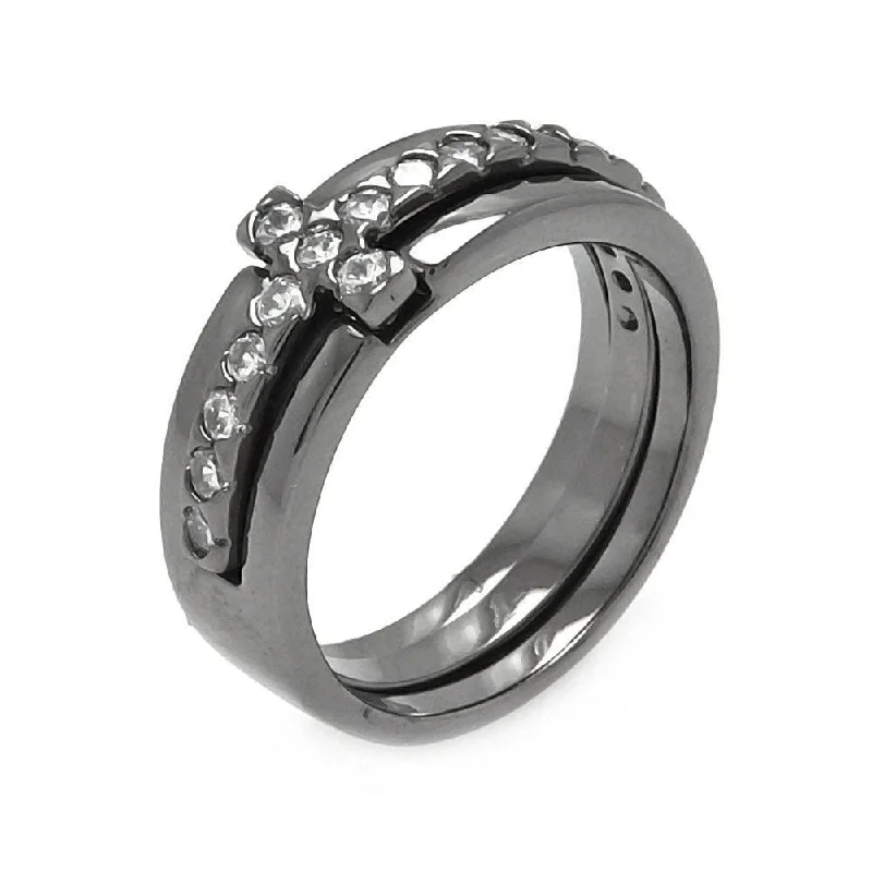 Ladies rings single layer rings-Silver 925 Black Rhodium Plated Clear CZ Cross Ring - BGR00527