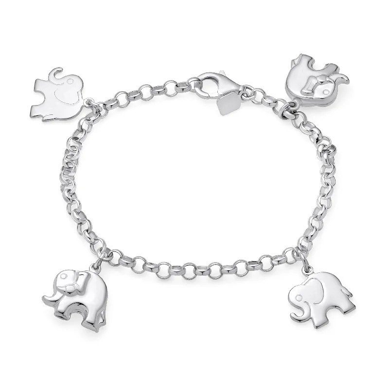 Ladies bracelets artisan metalwork designs-Charm Dangling Good Luck Elephant Bracelet Rolo Chain Sterling Silver