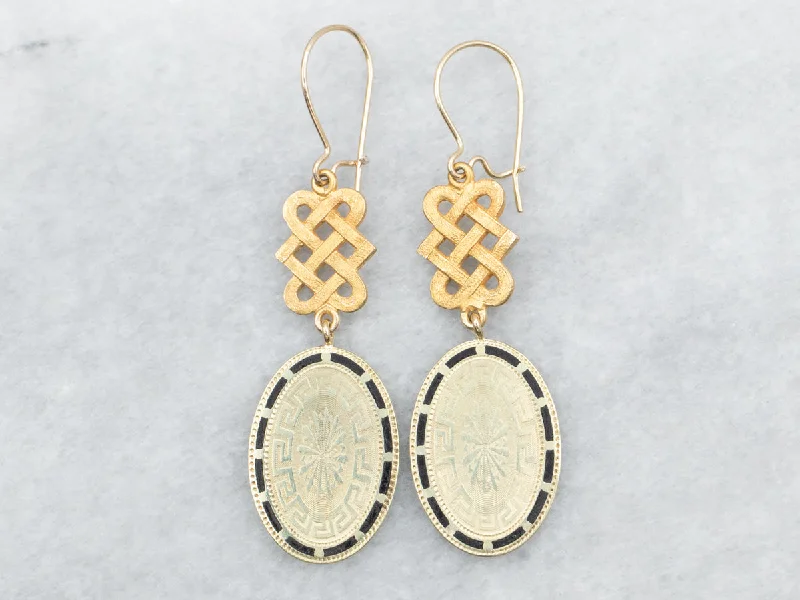 Ladies earrings birth month designs-Yellow Gold Black Enamel Oval Drop Earrings with Celtic Knot