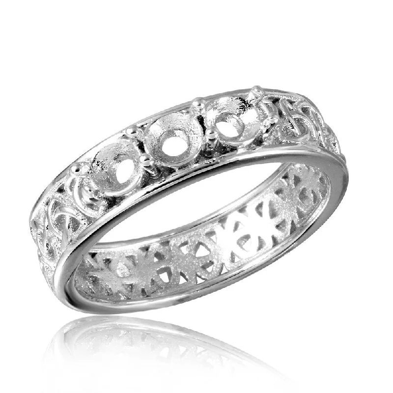 Ladies rings symmetrical balance styles-Silver 925 Rhodium Plated Celtic Designed Band 3 Stones Mounting Ring - BGR00829