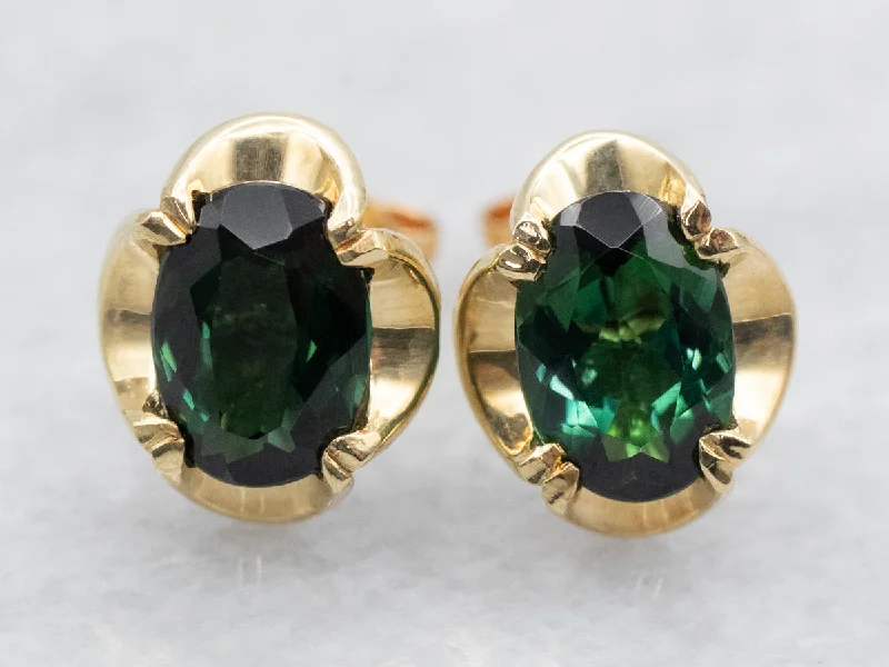 Ladies earrings organic shape designs-Yellow Gold Green Tourmaline Stud Earrings