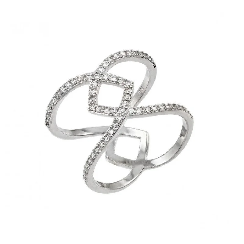 Ladies rings diamond accent pieces-Silver 925 Rhodium Plated Entwined Cross Clear CZ Ring - STR01006