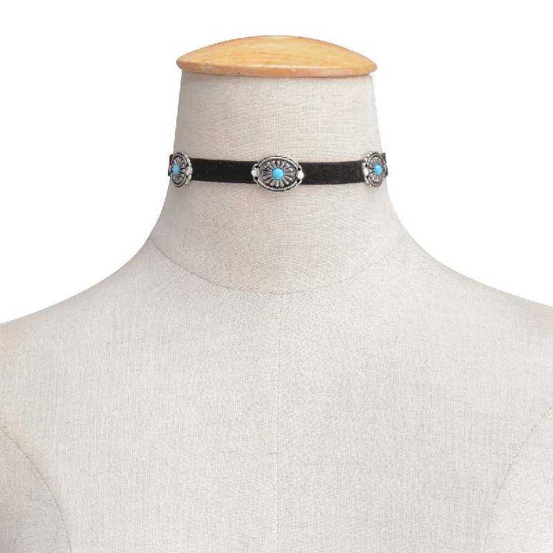 Ladies necklaces European-inspired flair-Sexy Sparkles Black & Turquoise Velvet Choker Necklace for Women Girls Gothic Choker Bolo Tie Chokers