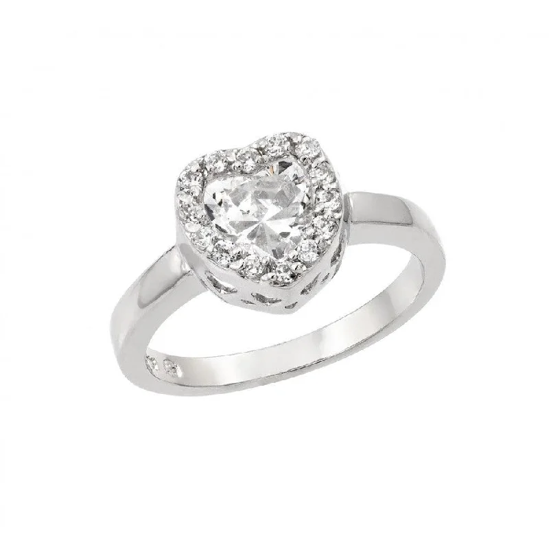 Ladies rings high shine designs-Silver 925 Rhodium Plated Clear CZ Heart Ring - BGR00911