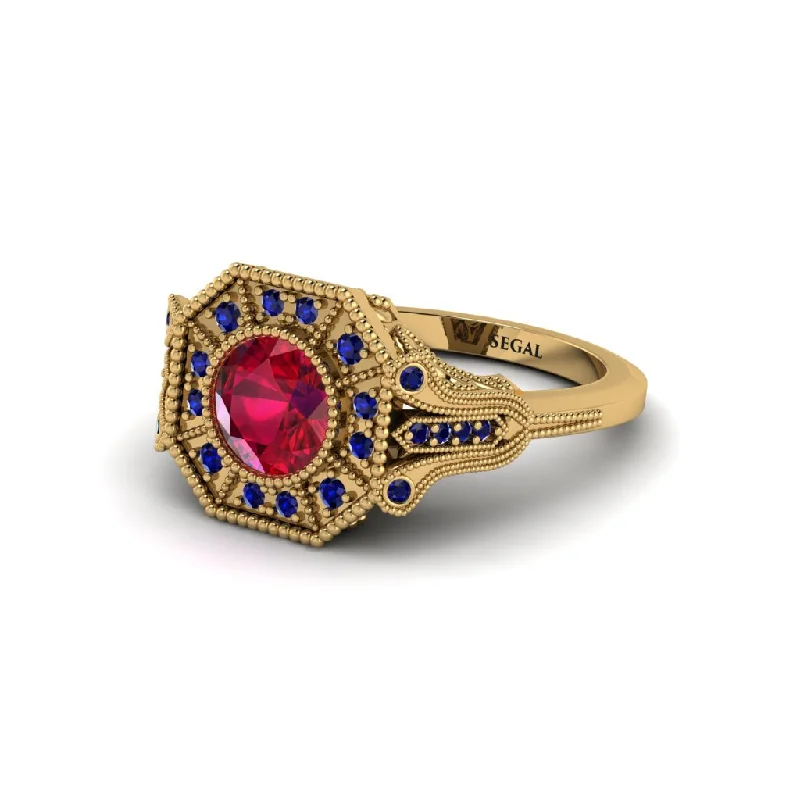 Ladies engagement rings oval shapes-Ruby 14K Gold Art Deco Engagement Ring - Erin No. 70