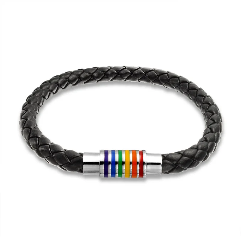 Ladies bracelets minimalist gold bands-Striped Rainbow Flag Black Braided Leather LGBTQ Bracelet with Stainless Clasp