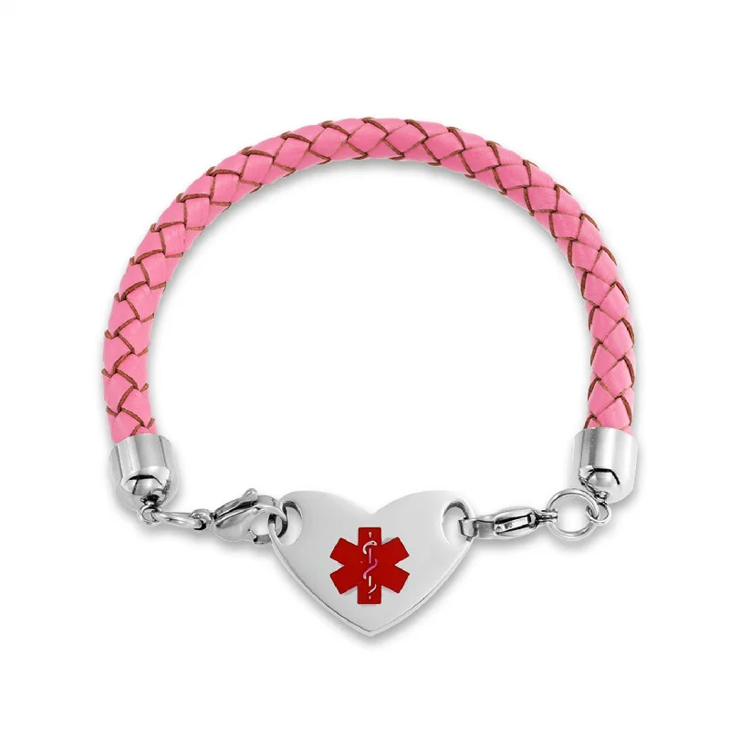 Ladies bracelets feather-inspired designs-Pink Braided Leather Medical ID Bracelet with Stainless Steel Clasp