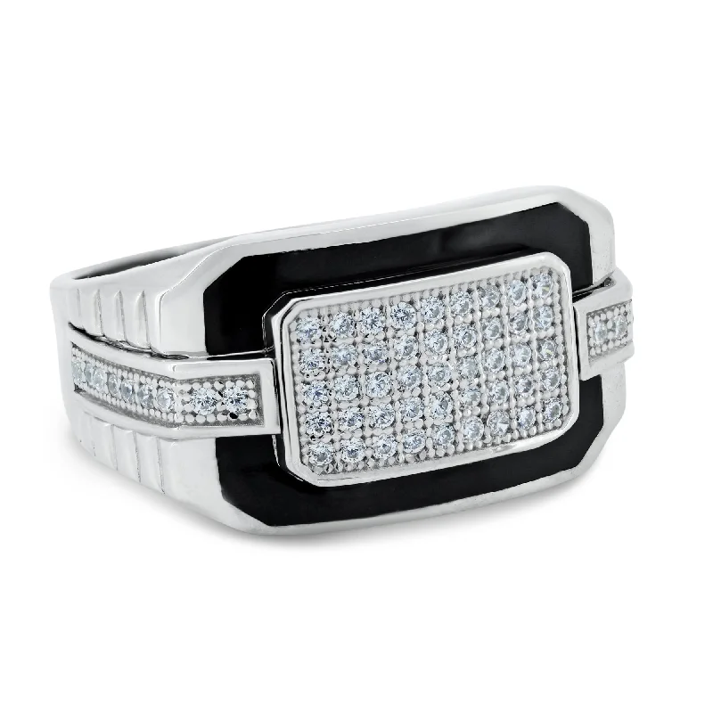 Ladies rings mixed cut rings-Rhodium Plated 925 Sterling Silver Multi Row CZ Black Enamel Ring - GMR00345