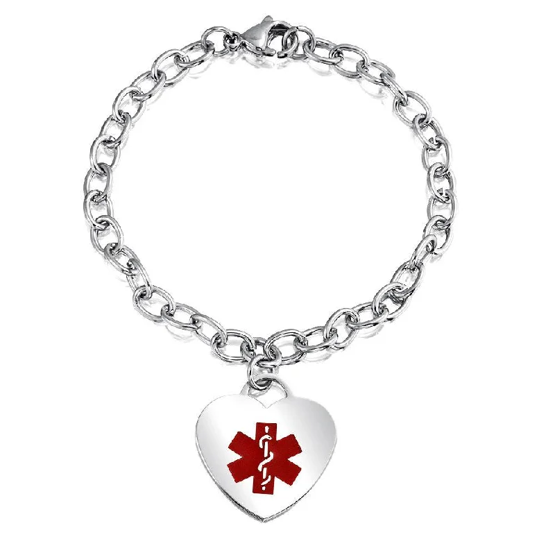 Ladies bracelets pave set designs-Link Chain Red Medical ID Bracelet with Heart Tag Silver Tone 7-7.5 Inch