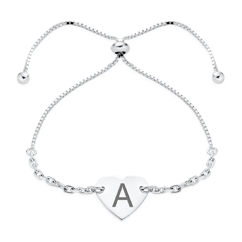 Ladies bracelets natural stone designs-Script or Block Letter A-Z Initial Monogram Heart ID Bracelet Sterling Silver