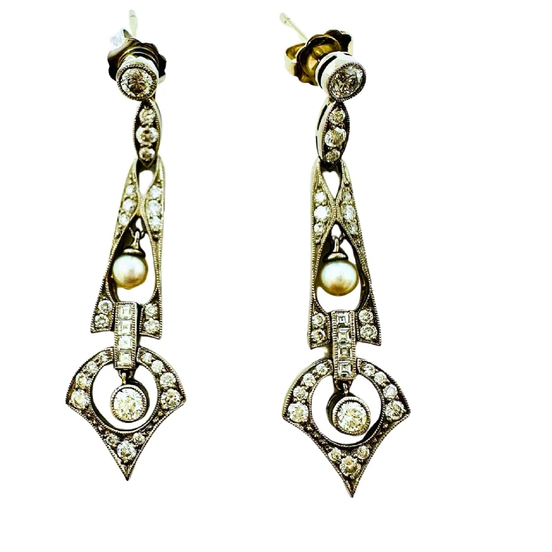 Ladies earrings diamond accent pieces-14-18K White Gold Diamond Dangle Earrings with 2 Cultured Pearls