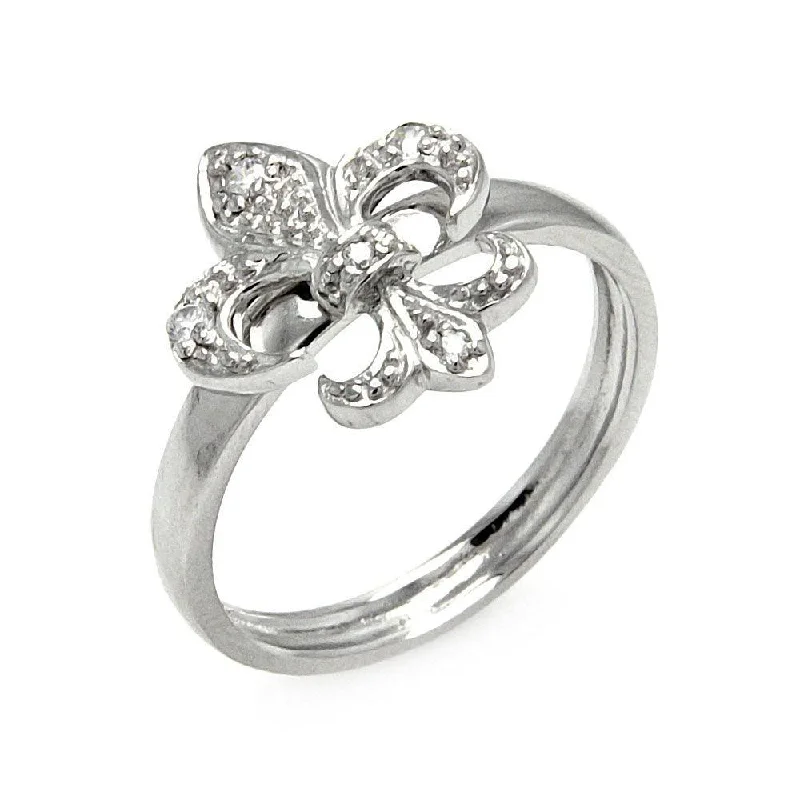 Ladies rings balanced proportion styles-Silver 925 Rhodium Plated CZ Fleur De Lis Ring - STR00217