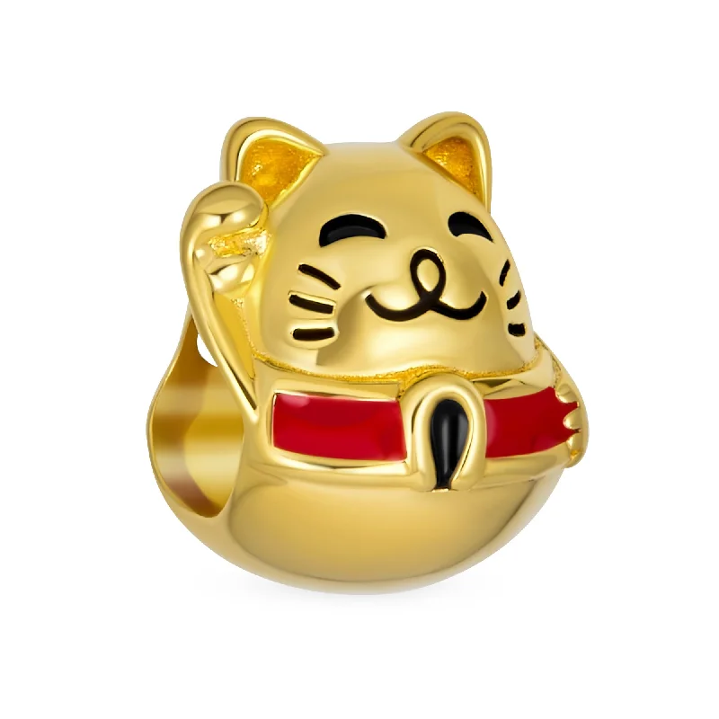 Ladies bracelets balanced proportion styles-Yellow Maneki Neko Lucky Cat Charm Bead 14K Gold Plated Fits European Bracelet