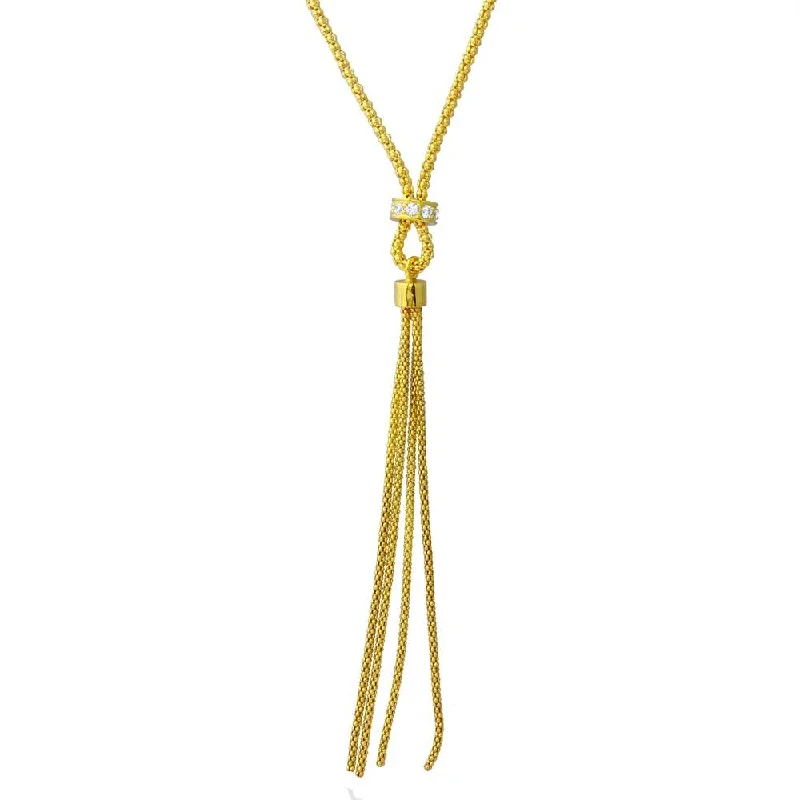 Ladies rings petite charm designs-Gold Plated 925 Sterling Silver Tassel Drop Necklace with Connected CZ Ring Knot - ARN00033GP