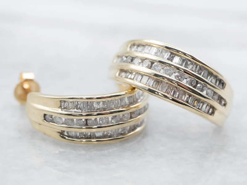 Ladies earrings cultural heritage designs-Sparkling Round and Baguette Cut Diamond Hoop Earrings