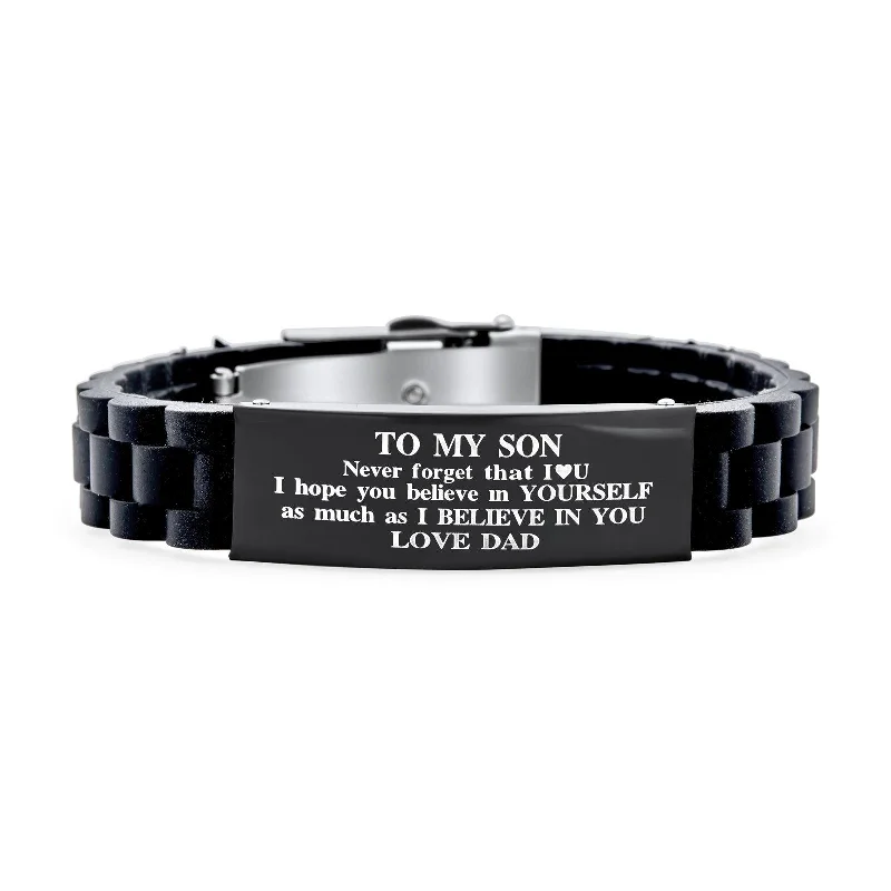 Ladies bracelets art deco elegance-To My Son Courage Inspirational ID Bracelet for Grandson Black Silicone Wristband