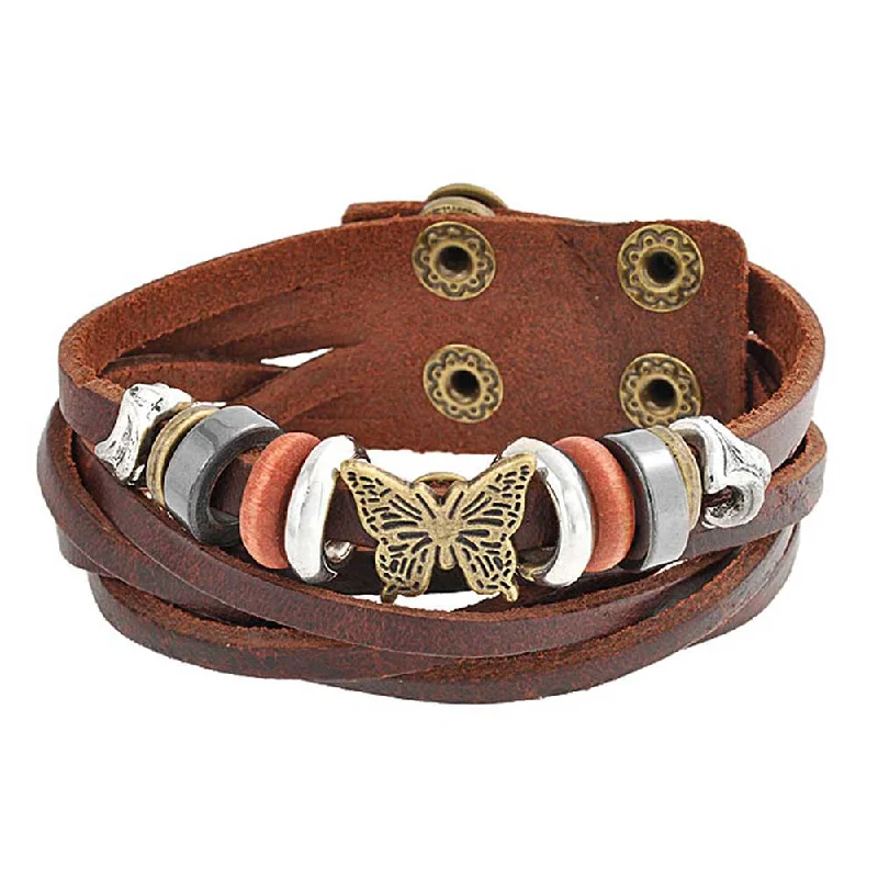 Ladies bracelets halo accent designs-Wide Butterfly Charm Brown Multi Strand Wrap Bracelet with Gold Tone Snaps