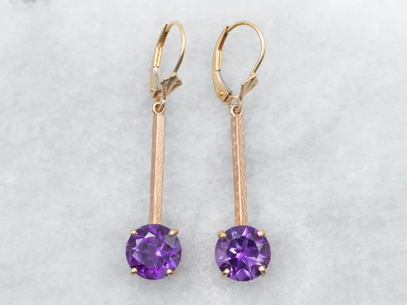 Ladies earrings handmade craft pieces-Two Tone Yellow and Rose Gold Round Cut Amethyst Bar Drop Earrings