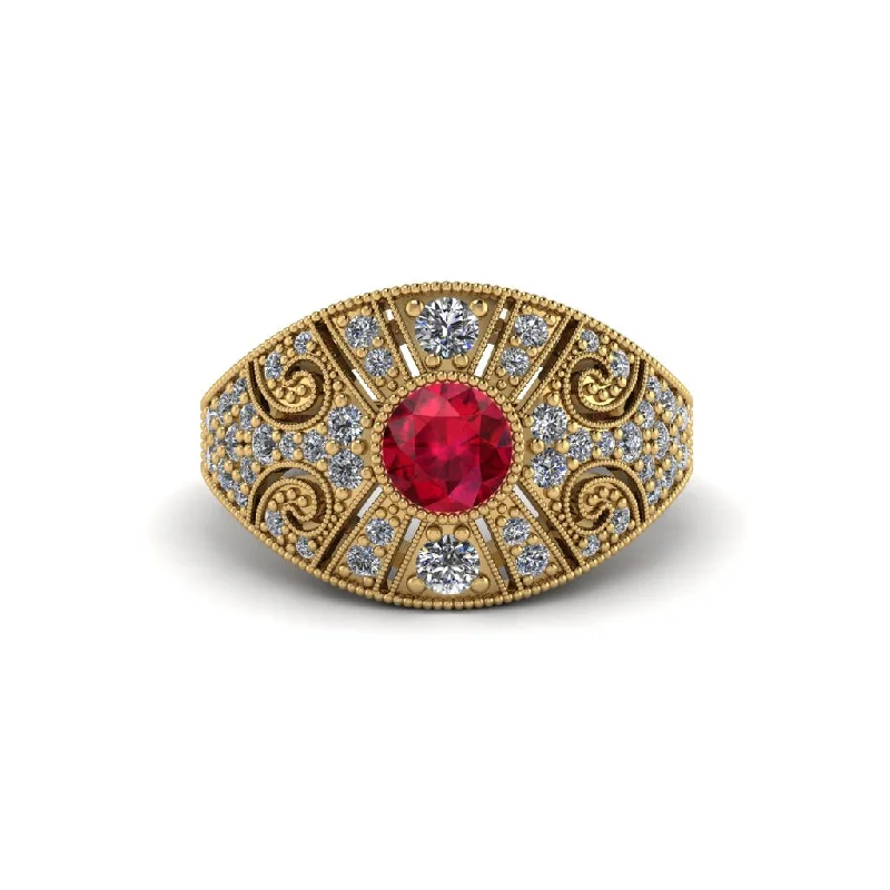 Ladies engagement rings white diamond halos-Ruby Vertical Three Stone Vintage Engagement Ring - Vivienne No. 10