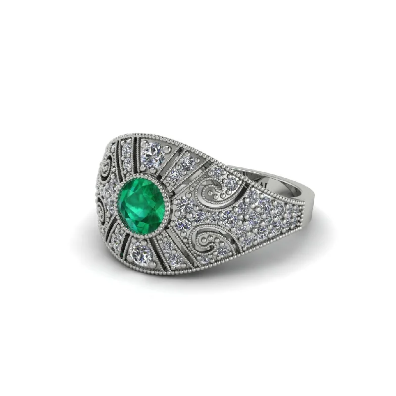 Ladies engagement rings polished diamond cuts-Emerald Vertical Three Stone Vintage Engagement Ring - Vivienne No. 6