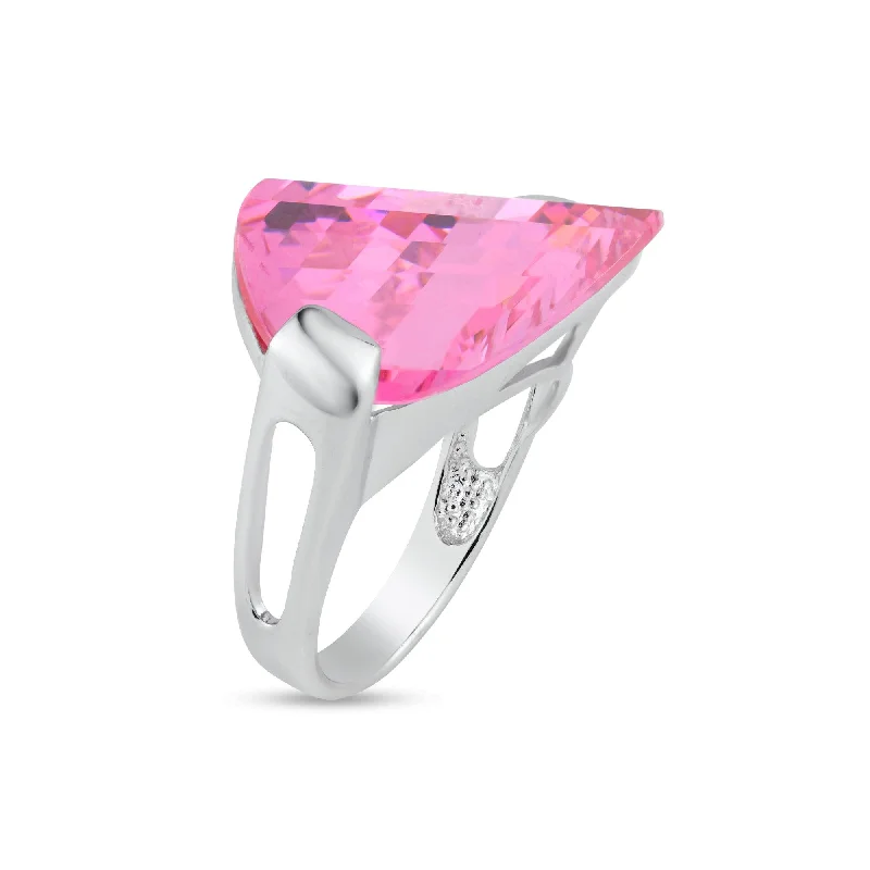 Ladies rings tight fit designs-Silver 925 Rhodium Plated Big Pink CZ Ring - BGR00027