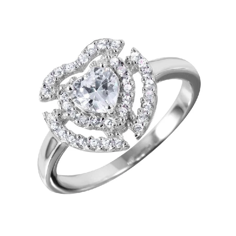 Ladies rings nature-inspired patterns-Silver 925 Heart Shaped Ring With CZ Centerpiece and Accents - BGR00990