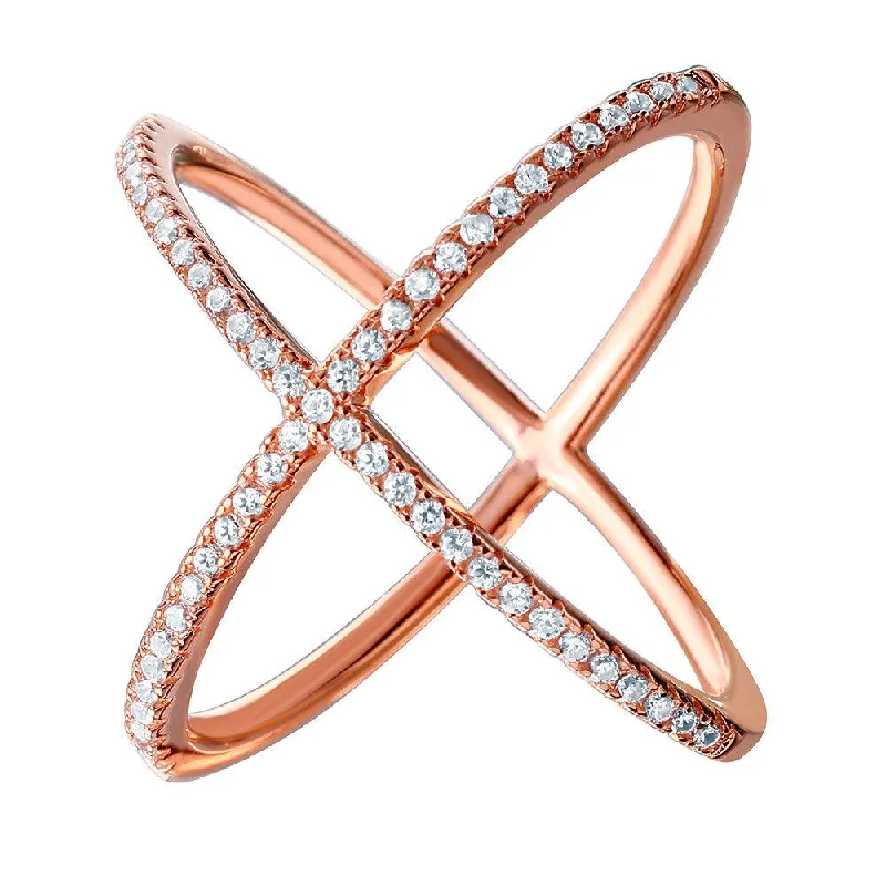 Ladies rings multi-tier styles-Silver 925 Nickel Free Rose Gold Plated 4 Way CZ Cross Ring - GMR00039RGP