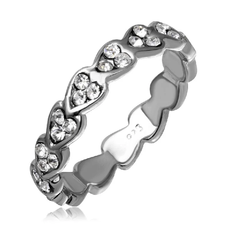 Ladies rings loose style rings-Silver 925  Rhodium Plated Mini Heart Shaped Eternity Ring with CZ - AAR0008