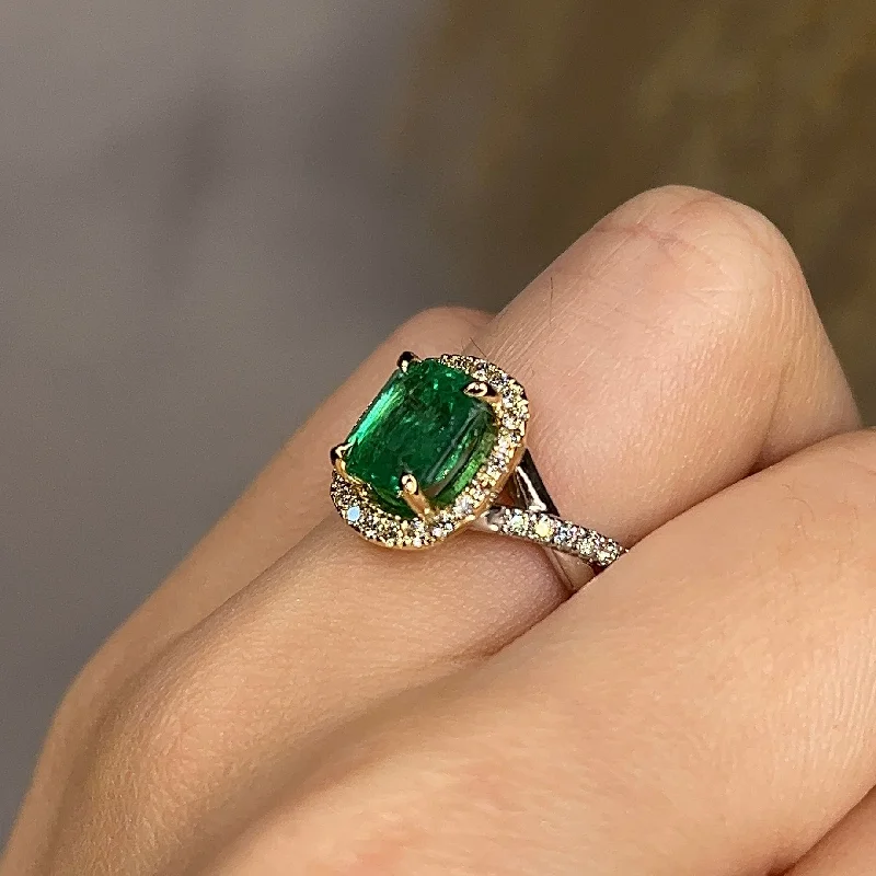 Ladies engagement rings global brands-"Aarti" 2.40 Carat Emerald Gem Lab Grown Diamond Halo Pave Engagement Ring