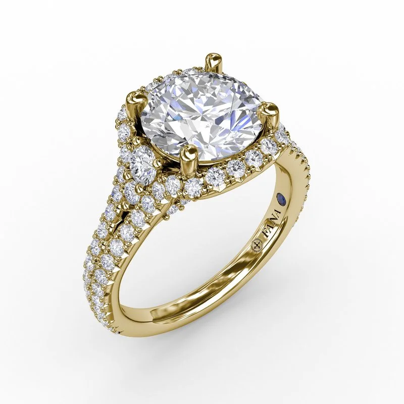 Ladies engagement rings celebrity halo styles-Cushion Halo Engagement Ring With Side Stones and Double-Row Diamond Band