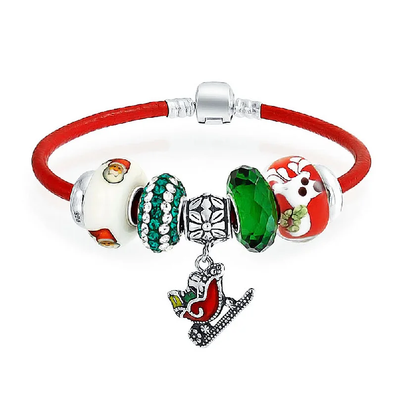 Ladies bracelets single stone designs-Christmas Santa Sleigh Charm Bracelet Red Leather with Sterling Silver Clasp