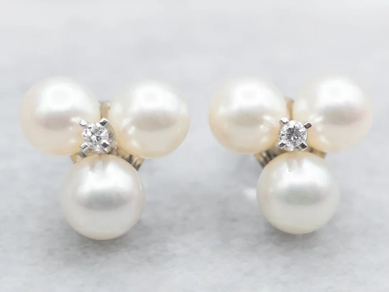 Ladies earrings cabochon stone designs-Saltwater Pearl and Diamond Cluster Stud Earrings